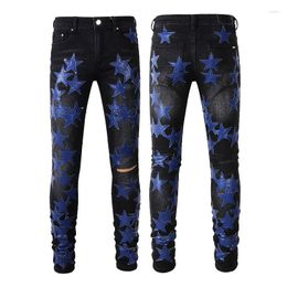 Men's Jeans AM Ripped Blue Star Patched Leather Trouser High Street Pants Fashion Punk Style Skinny Stretch