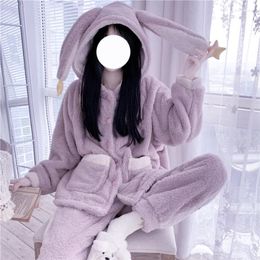 Women's Sleepwear QWEEK Hooded Pajamas Winter Kawaii Warm Pijama Female Set Woman 2 Pieces Pyjamas Nightwear Girl Pjs Suit