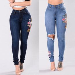 Women's Jeans Denim Embroidered Button High Women Pants Slim Pocket Fashion Waist