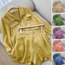 Women's Tracksuits 2 Pcs/Set Women Shirt Shorts Set Single-breasted Solid Color Loose Elastic Waist Long Sleeve Lapel Patch Pockets Soft