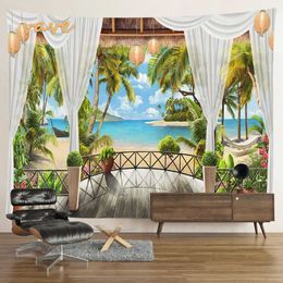 Tapestries Tree Windows Tapestry Wall Hanging Beach Mountain Cloth Fabric Large Tapestry Aesthetic Interior Bedroom Room Decor