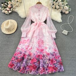 Basic Casual Dresses 2024 Mid-Length Women Vintage Flower Print Organza Dress With Sashes Lantern Long Sleeve Stand Collar Summer Ladies Dresses Vestidos