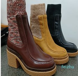 womens Luxury Designer Cowskin Fashion Knitting elasticity Mixed Colours socks shoes chunky heel thick sole Half Boot 35-42