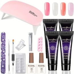 14PCS Gel Extension Polish Nail Kit USB LED UV Nail Lamp Dryer 4 Color Nude Pink White Fake Nail Art DIY Manicure Tools Nail Gel Kit Gifts For Women Girls