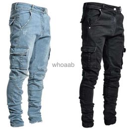 Jeans Men Black Cargo Pants Multi Pockets Denim Pantalones Blue Slim Fit Overol Hombre Fashion Casual Streetwear Trousers 3XL HKD230812