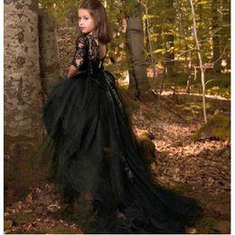 Girl Dresses Black Seven-point Sleeves Flower For Wedding Crystal Sash Beaded Lace Appliques Pageant Gowns Kids Communion