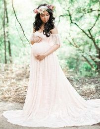 Maternity Off Shoulder Ruffle Sleeve Pregnancy Dress Long Lace Women's Photography Dress for Photo Shoot Baby Shower