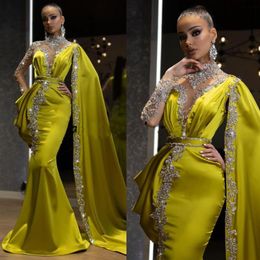 Luxury Crystal Mermaid Formal Evening Dresses With Cloak One Full Sleeves High Collar Beaded Long Prom Gowns vestidos de noiva215O