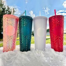 Tumblers 710ml Straw Cup Summer Tumbler With Lid Coffee Drinkware Flash Powder Water Bottles For Girl Gift Plastic Reusable Diamond Cups