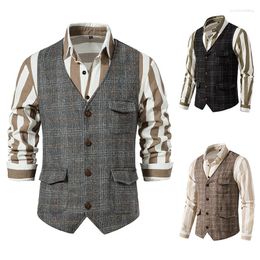 Men's Vests Gray Suit Vest Single Breasted Retro Tweed Amikaki Plaid Business Daily Casual