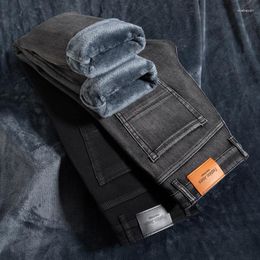 Men's Jeans Smoke Grey Fleece Baggy Casual Comfortable Thickened Straight Classic Style Solid Color Denim Trousers Male