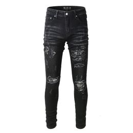 Men's Pants Black High Street Fashion Skinny Destroyed Tie Dye Bandana Embroidered Patches Slim Fit Scratched Ripped Jeans For Men 230812