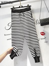 Women's Pants WITHZZ Women Spring Autumn Comfortable Breathable Stripe High Waist Sequined Trousers Loose Sports Casual Harem