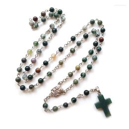 Pendant Necklaces QIGO Stone Rosary Green Beads Cross Necklace Long For Men Women Religious Jewellery