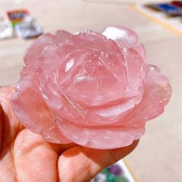 Decorative Objects Figurines Natural Flower Rose Quartz Crystals Carvings Healing Reiki Gemstone Gift Home Room Decor 1pcs 230812