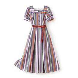 2023 Summer Multicolor Striped Print Waist Belted Dress Short Sleeve Square Neck Buttons Midi Casual Dresses W3L043408