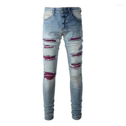 Men's Jeans Arrival Mens Distressed Blue Streetwear Slim Fit Stretch Damaged Holes With Rhinestone Crystal Patches Ripped Skinny