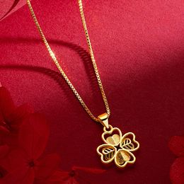 4-leaf Heart Shaped Women Girls Pendant Chain 18k Yellow Gold Color ins Style Polished Pretty Jewelry Gift