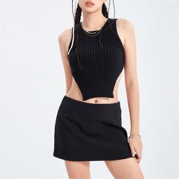 Women's Tanks Musuos Solid Colour Knitted Crop Tops Women Crew Neck Sleeveless Tie-up Open Back Slim Tank Fashion Streetwear Female