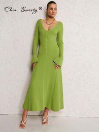 Basic Casual Dresses Elegant VNeck Knitted Green Womens Dress Summer Flare Sleeve Ribbed Bodycon Midi Fashion Holiday Slim Vestidos 230812