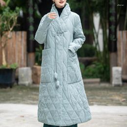 Women's Trench Coats Long Parkas Overcoat 2023 Winter National Style Thickened Cotton Padded Jacket Retro Solid Colour Linen Quilted Coat