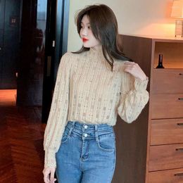 Women's T Shirts Rose Half High Collar Brushed Lace Shirt Top For Women 2023 Summer Western Style Solid Long Sleeve Pullover Female