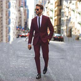 Men's Suits High Street Burgundy Business Men Wedding Groom Tuxedo 2 Pieces Jacket Pants Slim Fit Man Blazer Ternos