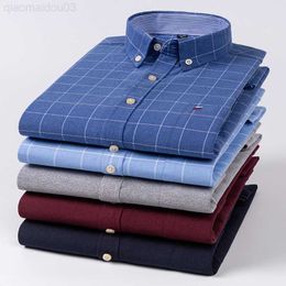 Men's Casual Shirts Men's Casual Shirts Cotton Oxford Plaid Strip Solid Color Long Sleeve Button Up Regular Fit Business Dress Shirt For Men Clothes L230813