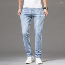 Men's Jeans 2023 Summer Slim Straight Lightweight Cotton Stretch Denim Business Casual Mid Waist Thin Light Blue