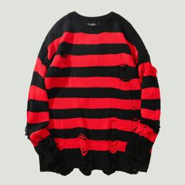 Men's Sweaters Hip-hop Striped Knit Sweater Women's Harajuku Hole-knit Oversized Street Trend Loose O-neck Set Head Couples