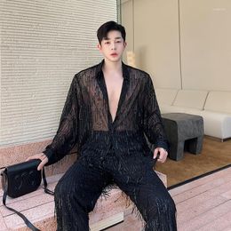 Men's Pants Men 2 Pieces Sets See Through Long Sleeve Casual Tassel Sequins Shirts Male Vintage Fashion Party Dress Clothing