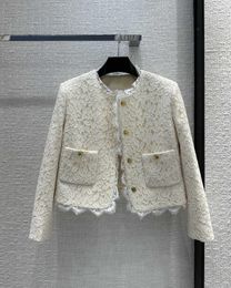 Women's Jackets Gold Button Lace Stitching 3D Cutting Round Neck Double Pockets H-shaped Women Jacket Woman Coat