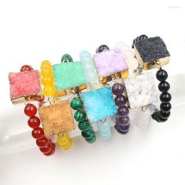 Strand XSM Natural Round Beads Bracelet Small Crystal Cluster Gold-color Square Shaped Dyed Colour Druse Quartz Stone Women Men Jewellery