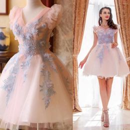 Party Dresses Lovely Pink Short Prom 2023 V Neck Flowers Tulle Homecoming Graduation Dresse Formal Gown