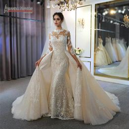 2022 Luxury Long Sleeves Mermaid Wedding Dresses With Detachable Train Vintage HIgh Neck Plus Size Muslim Bridal Gown Real Picture274U