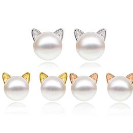 Charm 925 Silver Freshwater Pearl Cat Earrings Cute Cat Star
