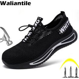 Safety Shoes Waliantile Summer Safety Shoes Sneakers For Men Male Breathable Lightweight Industrial Work Boots Anti-smashing Steel Toe Shoes 230812