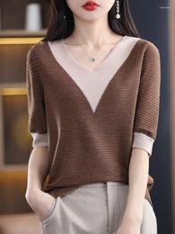 Women's Sweaters Spring Wool Sweater Womens Clothing Korean Fashion Pull Femme Short Sleeve Top Patchwork Knitted Pullovers Mujer Streetwear