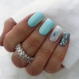 False Nails Fashion Beauty Tools 24PCS Ballet Fake Nail Light Blue Vintage Manicure Mid-length Square Solid Colour Patch