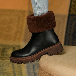 Boots Natural Leather Snow Women Winter Shoes Warm Inside With Fur Slip OnCowhide 4 CM Heel Botines Botas