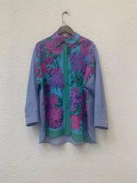 Women's T Shirts Spring/Summer 2023 Polo Top Vintage Cotton Poplin Spliced Real Silk Coloured Print Long Sleeve Shirt