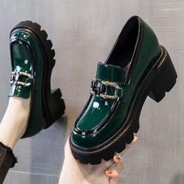 Dress Shoes Women's 2023 Spring Autumn British Style Punk Platform Slip-on Loafers Heels Small Leather Women Green