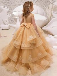 Girl Dresses Elegant Tulle Puffy Ball Gown Flower For Wedding Princess Party Dress Lace Appliques Kid First Communion Gowns