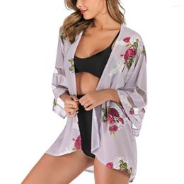 Women's Swimwear Flower Print Women Coat Stylish Mesh Patchwork Cardigan Floral See-through Design Loose Fit For Beach Cover Up Uv