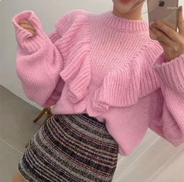 Women's Sweaters Autumn Korean 2023 Loose Ruffle Sweater Women Pink Beige Solid Knitted Pullovers Winter Warm Plus Size Pull Female