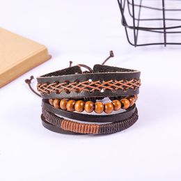 Link Bracelets Vintage Brown Bead For Men Fashion Hollow Triangle Leather Bracelet & Bangles Multilayer Wide Wrap Couple Jewellery