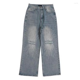 Men's Jeans Shining Cross Drill Pants Hip Hop Ripped Streetwear Denim Trousers For Male Loose Fit