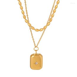 Pendant Necklaces Trending Double Layer Stainless Steel Bead Necklace Cuban Cross Chain 18K Gold Plated Fashion Square Star Jewellery