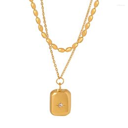 Pendant Necklaces Trending Double Layer Stainless Steel Bead Necklace Cuban Cross Chain 18K Gold Plated Fashion Square Star Jewelry