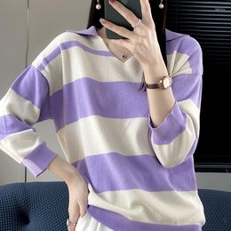 Women's Sweaters Spring Autumn Cotton Knit Sweater T-shirt Polo Collar 7-Point Sleeve Fashion Loose Pullover V-neck Short